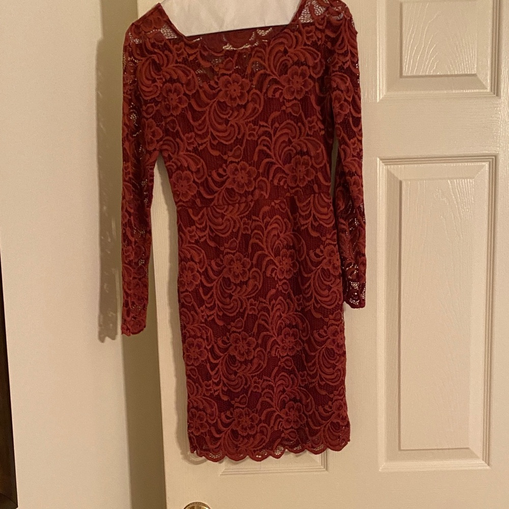 Ambiance Long Sleeve Lace Dress in Deep Red/Russet